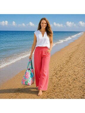 NEW Boden Linen Wide-Leg Pants Coral Smocked Waist Size US 10R Relaxed Fit Light